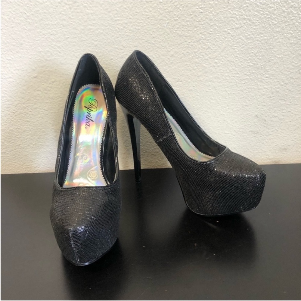 Paprika Black Shiny Sequins High Heels